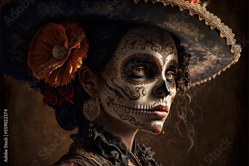 3D illustration of a beautiful woman dressed for Mexican Day of the Dead.AI generated image  no models of real people were used