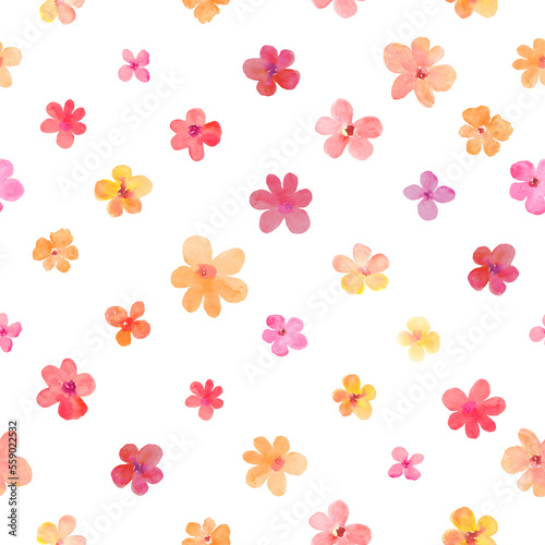 Watercolor seamless pattern with abstract colorful  flowers. Hand drawn floral illustration isolated on white background. For packaging, wrapping design or print.
