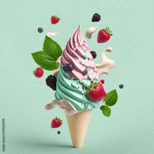 Berry Ice Cream on Green Background. Generated AI photo