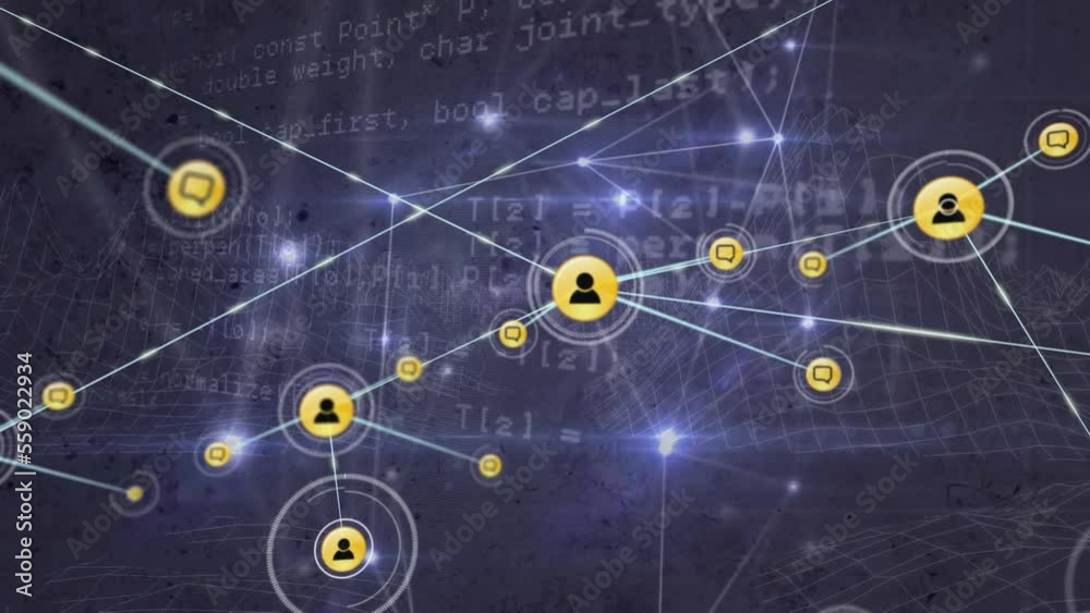 Animation of connected icons and dots against programming language in background Animation of connected icons and dots against programming language in background