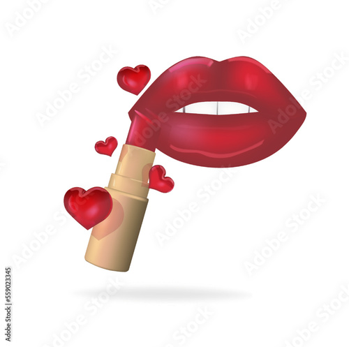 Red lipstick with glossy mouth and hearts. Paint lips with lipstick. 3d render in high resolution