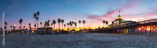 Panorama of Newport Beach pier at dawn, Orange County, California, USA