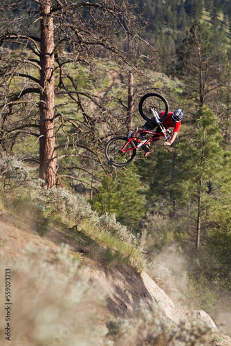 Mountain biker styles a jump, Kamloops, BC photo