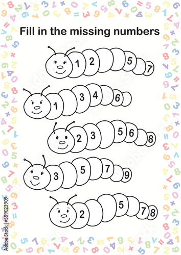 Kindergarten worksheet, fill the missed numbers exercise, vector format, printable
