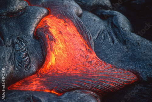 Pahoehoe lava solidifies into its characteristic form. Kilauea Volcano. Hawaii Volcanoes National Park.