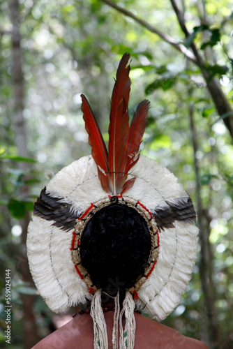 Detail of the costume of the Pataxo Indian people at the Reserva Indigena da Jaqueira near Porto Seguro, Bahia, Brazil.