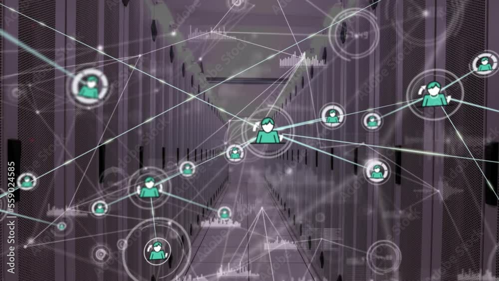 Animation of network of connections with icons and data processing over server room Animation of network of connections with icons and data processing over server room