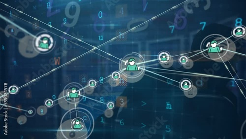 Wallpaper Mural Animation of network of connections with icons and data processing over server room and hacker Torontodigital.ca