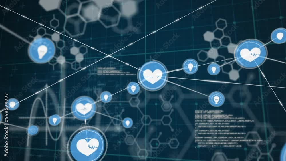 Animation of network of connections with icons and data processing over chemical formula Animation of network of connections with icons and data processing over chemical formula