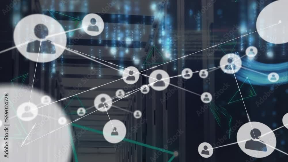 Animation of network of connections with icons and data processing over server room Animation of network of connections with icons and data processing over server room