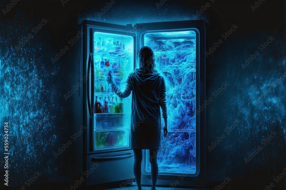 From inside view of a woman opens refrigerator at night, created with Generative AI technology