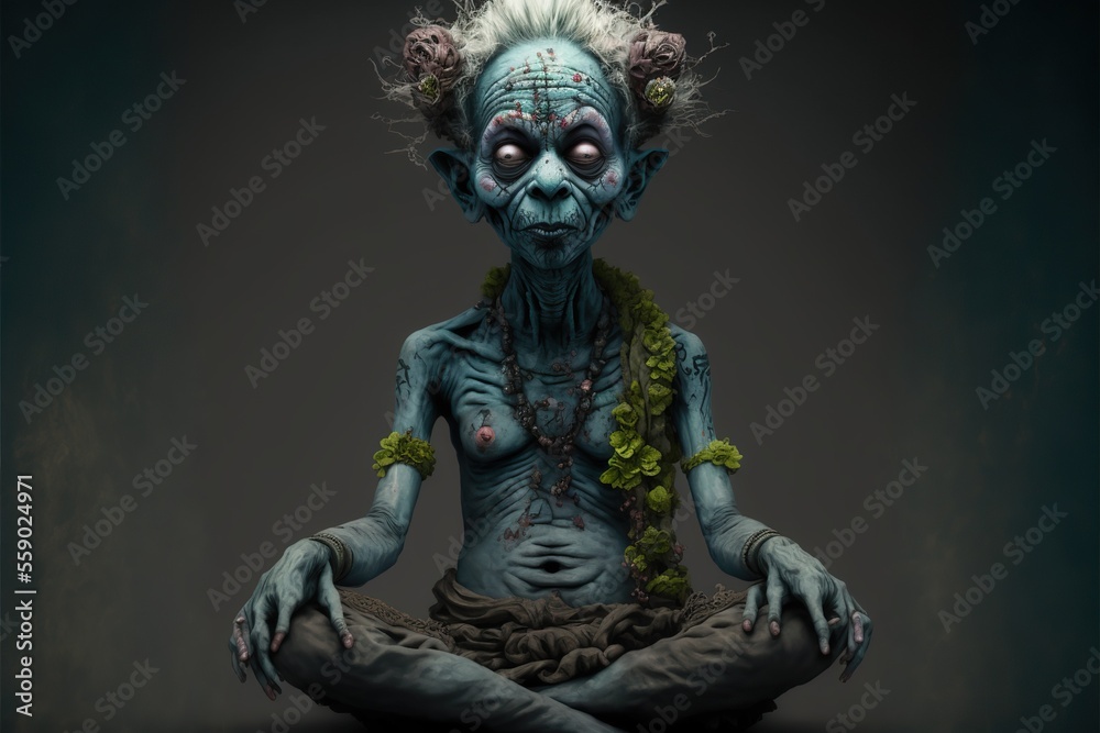 Zombie yogi meditating in the lotus position, concept of yoga is for everyone, created with Generative AI technology