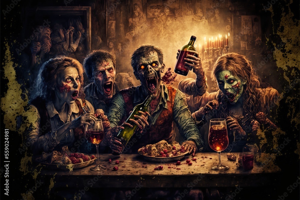 Zombies tasting fine wine, concept of ignorance about good wine, created with Generative AI technology