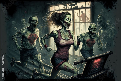 Zombies run the 100m run at the world championship, concepts of doping and cheating in sports, very fast zombies, zombie and people living together, created with Generative AI technology photo