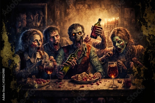 Zombies tasting fine wine, concept of ignorance about good wine, created with Generative AI technology © tookitook