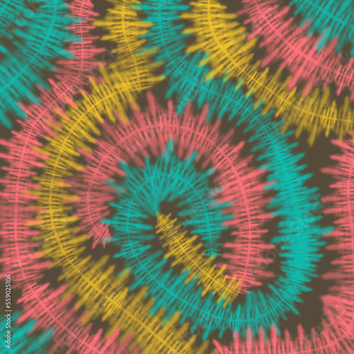 Abstract texture with Tie dye shibori of blue, red and orange colors on a brown background. Print for textile, fabric, wallpaper, wrapping paper.