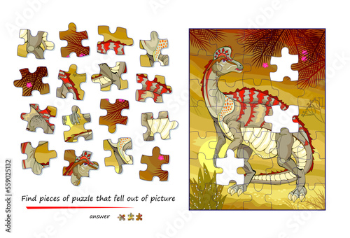 Logic game for children and adults. Find pieces of puzzle that fell out of picture. Page for kids brain teaser book. Task for attentiveness. Developing spatial thinking. Play online. Vector image.