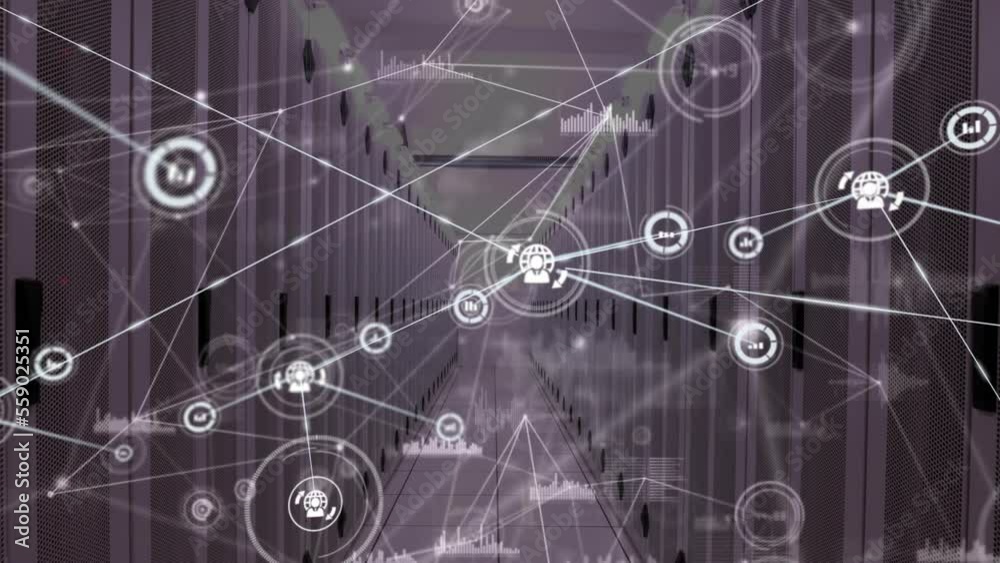 Animation of network of connections with icons and data processing over server room Animation of network of connections with icons and data processing over server room