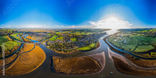360 VR Aerial view of River Exe Estuary and surrounding countryside in Devon, England.