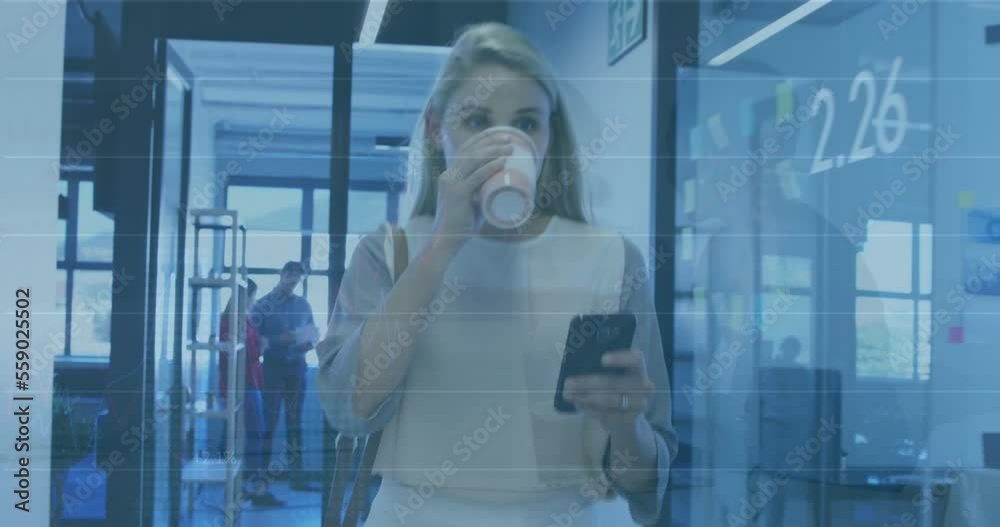 Animation of financial data processing over diverse business people working at office Animation of financial data processing over diverse business people working at office