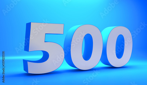 Number 500 in white on light blue background, isolated number 3d rendering.