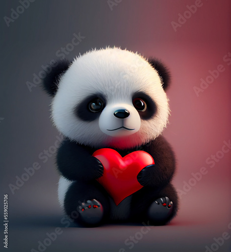 Adorable Panda Bear Holding Red Heart. Generative ai