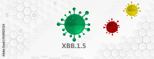 COVID-19, Coronavirus SARS-CoV-2 Illustration mit Virusvarianten. Im Vordergrund Omikron-Subtyp XBB.1.5
 photo