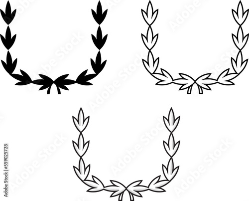  Set of six black and white circular laurels, linear and solid. Depicting an award, achievement, heraldry, nobility. Vector illustration. photo