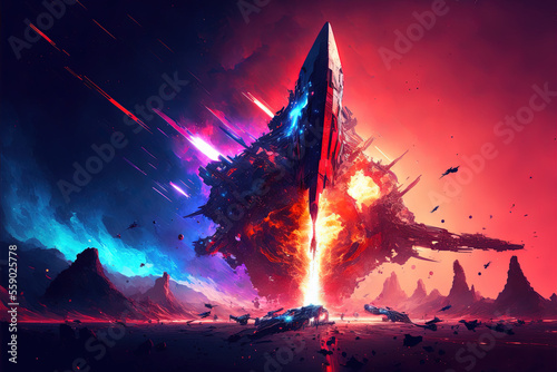 Canvas Print Giant alien mothership is being attacked during a landing on an unknown planet,
