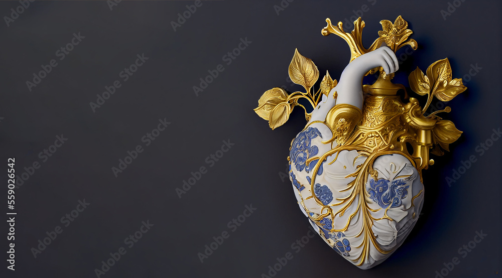 Ceramic Anatomical Human Heart Object Decorated with Gold and Florals. Generative ai