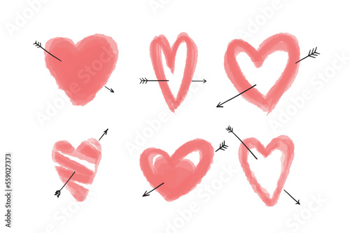 Vector set of handdrawn minimalistic icons with pink hearts pierced by arrow. Congratulations on valentine's day. Love message. Design element for greeting card for lover on February 14. Brush stroke