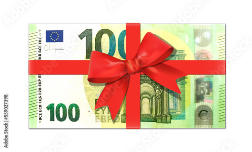 Geldgeschenk, Geldschein Geschenk 100 Euro Schein mit Geschenk Schleife,
Vektor Illustration isoliert auf weißem Hintergrund
