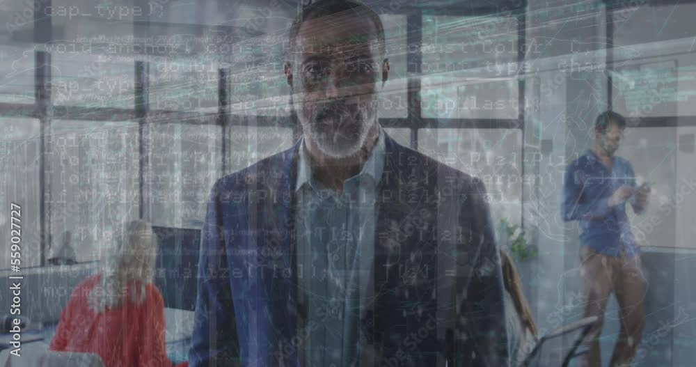 Animation of financial data processing over diverse business people in office Animation of financial data processing over diverse business people in office