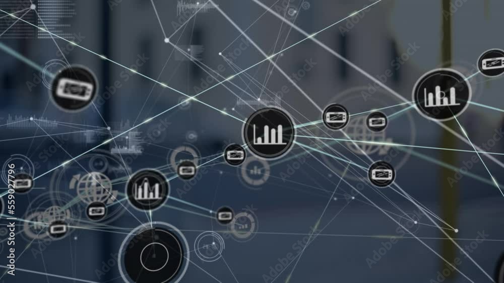 Animation of connected icons and dots and graphs against abstract background Animation of connected icons and dots and graphs against abstract background