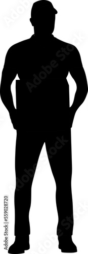 Wallpaper Mural Silhouette of worker with the package. Delivery guy is holding a cardboard box in different poses. Vector flat style illustration isolated on white. Full-length view	 Torontodigital.ca