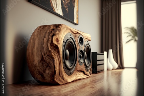 Solid wood design speaker system for home entertainment. Generative ai illustration for lovers of sound and design.