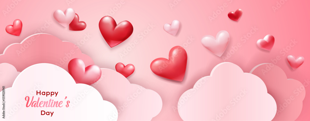 Valentine's Day illustration with red hearts and paper clouds on pink background Valentine's Day illustration with red hearts and paper clouds on pink background