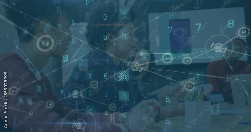 Animation of data processing over diverse business people working in office Animation of data processing over diverse business people working in office