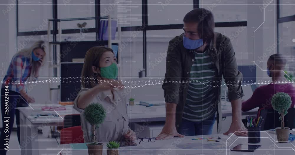 Animation of data processing over diverse business people with face masks working in office