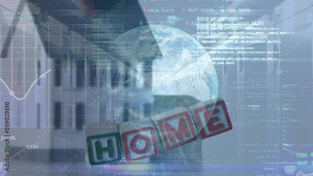 Animation of globe and data processing with home text over house and server room Animation of globe and data processing with home text over house and server room