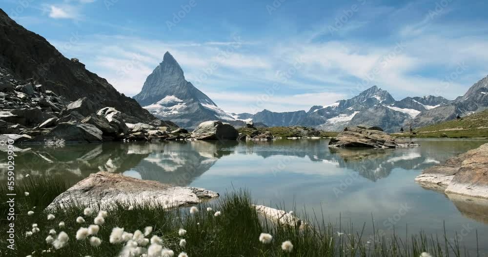 Panoramic view of Matterhorn reflected in Riffelsee lake - People Passing