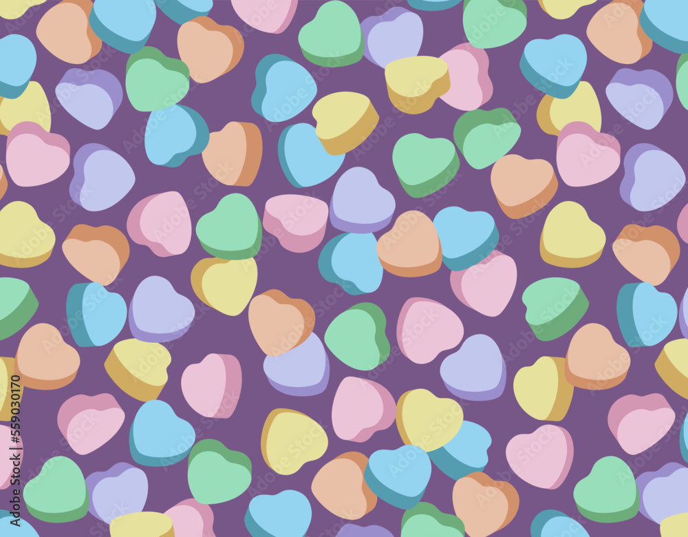 Candy Hearts Pattern Swatch Vector Seamless Shapes Valentine's Day Conversation Sweets 3D Scalable Customizable Multicolored Purple Background