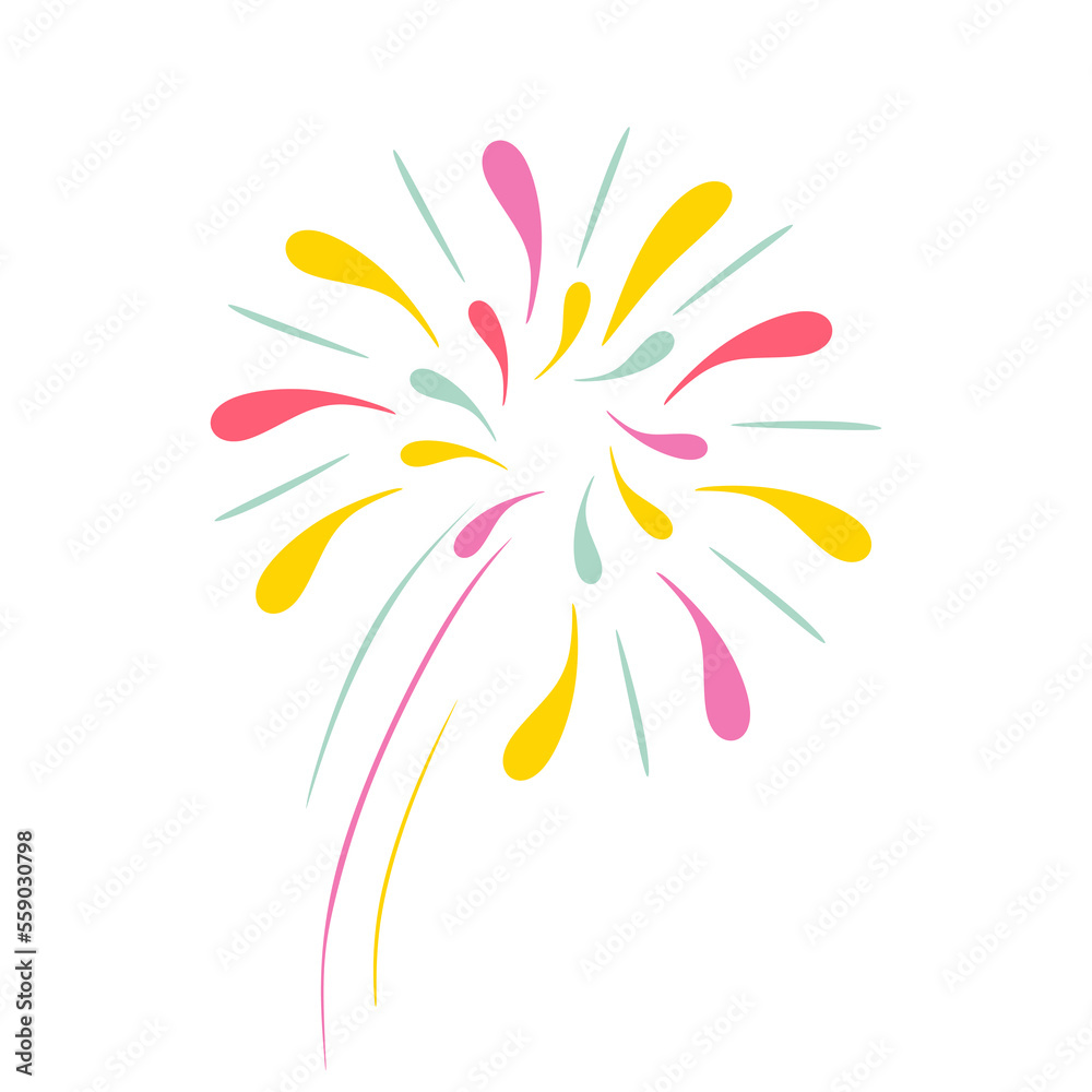 Exploding festival firework. Salute explosion in flat style isolated on white background. Holiday celebration scene. Colorful flat vector cartoon illustration. New Year Fireworks in cartoon style