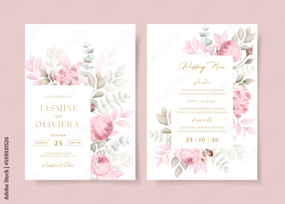Wedding invitation template set with soft pink floral and leaves decoration