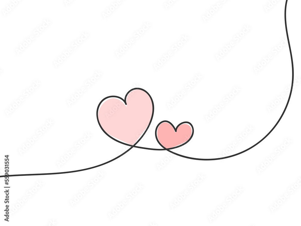 Two Hearts Continuous One Line Drawing. Hearts Couple Minimalist Illustration. Contour Art love concept. Valentines day Vector illustration