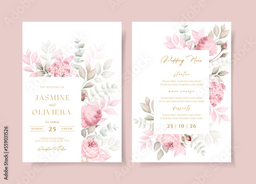 Wedding invitation template set with soft pink floral and leaves decoration