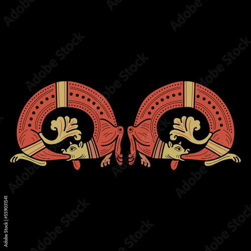 Symmetrical design with two fantastic medieval dragons biting their own tails. Ouroboros. Gothic illuminated manuscript style. On black background.
