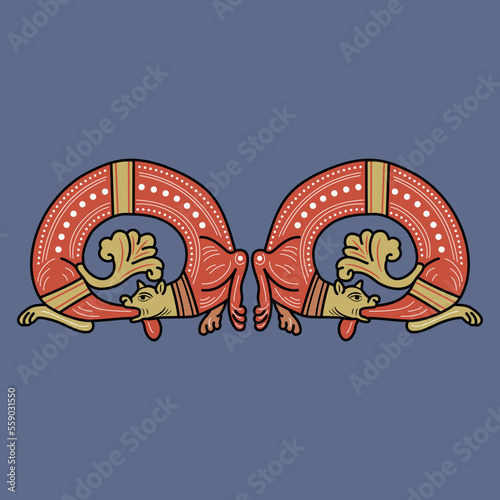 Symmetrical design with two fantastic medieval dragons biting their own tails. Ouroboros. Gothic illuminated manuscript style. On blue background.