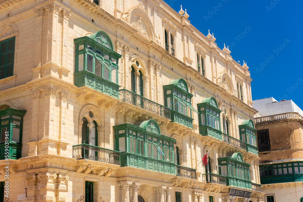 Valletta, Malta, 22 May 2022: Buildings with traditional maltese balconies in Valletta old town Valletta, Malta, 22 May 2022: Buildings with traditional maltese balconies in Valletta old town