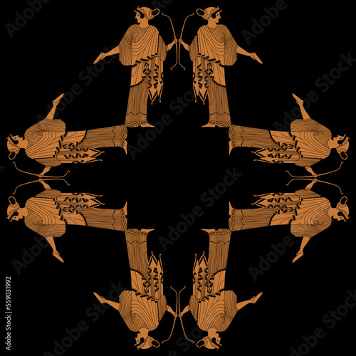 Geometrical cross shape frame with ancient Greek goddess Artemis holding bow. Ethnic vase painting style. 